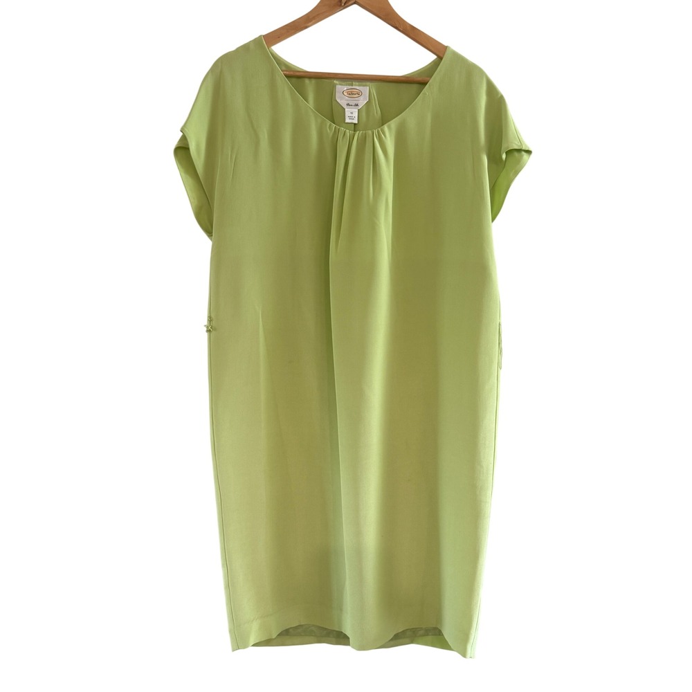 Talbots Womens 10 Pure‎ Silk Dress Green Shift Pleated Neck Casual Luxury Style